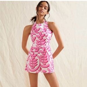 Anthropologie Pink and White Leaf Print Romper